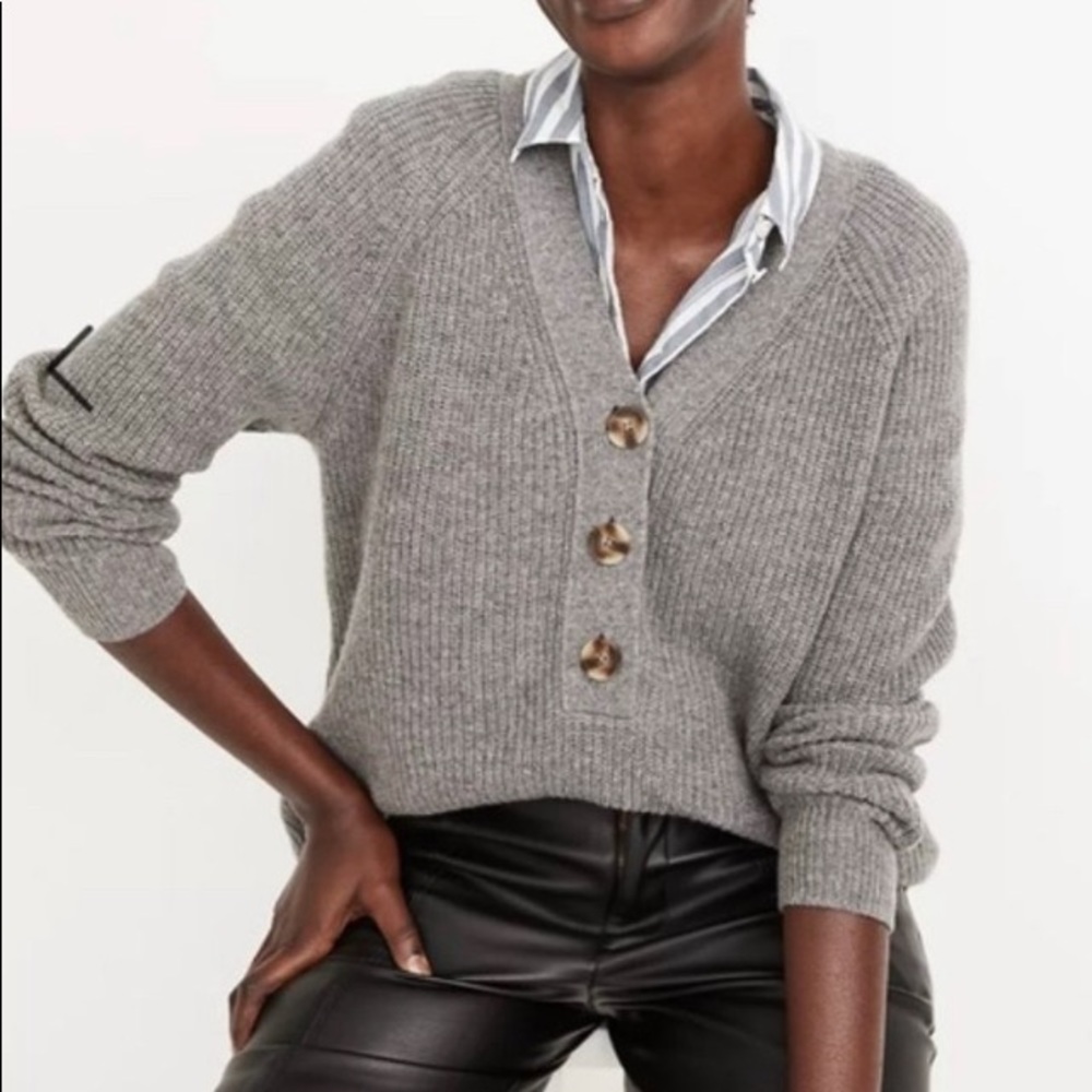 Madewell Merino Wool Ribbed Button Down Lyle Henley Sweater Gray